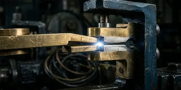 A close-up of metal being welded with bright sparks in a dark industrial setting, featuring gold and grey tones