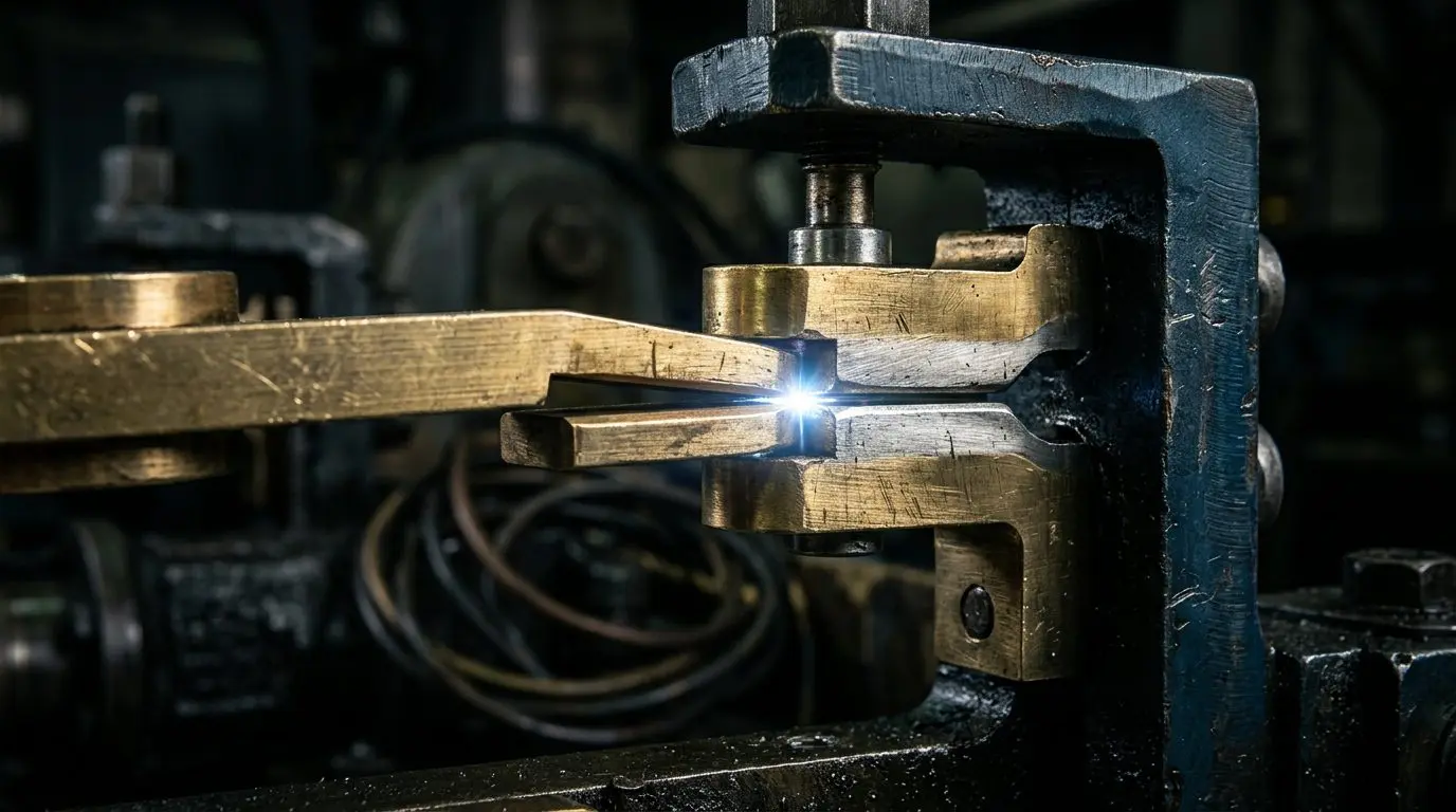 A close-up of metal being welded with bright sparks in a dark industrial setting, featuring gold and grey tones