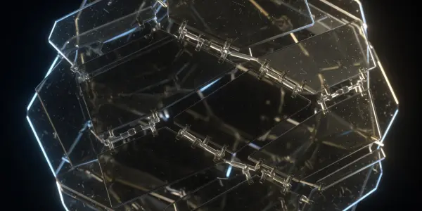 A complex, transparent neural network structure glows with blue light against a dark background, creating a futuristic aesthetic.