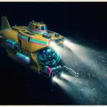 A futuristic, yellow submarine with glowing lights navigates through a dark, starry space environment, emitting a bright beam of light.