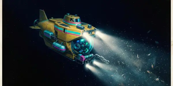 A futuristic, yellow submarine with glowing lights navigates through a dark, starry space environment, emitting a bright beam of light.
