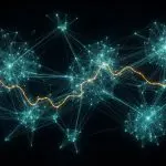 A sprawling node-and-edge graph with one gold path traced through it