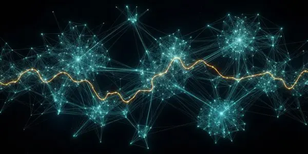 A sprawling node-and-edge graph with one gold path traced through it
