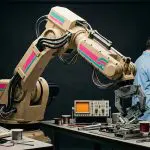 An industrial robot arm on a bench beside an operator