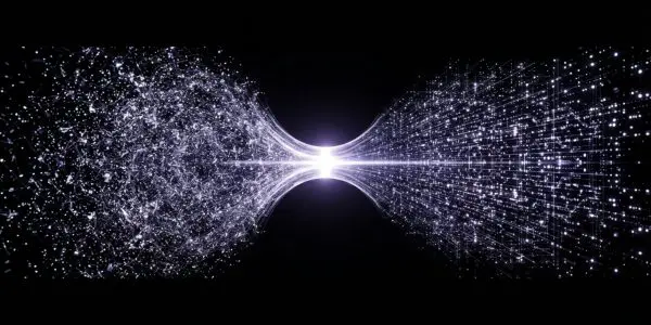 A cloud of points funnelling through a bright waist and expanding again