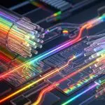 A futuristic circuit board glows with vibrant rainbow light, set against a dark background, suggesting high-speed data transfer.