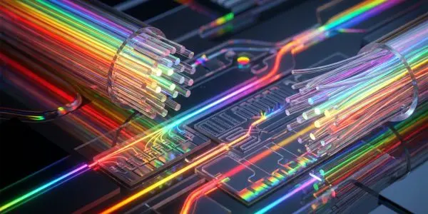 A futuristic circuit board glows with vibrant rainbow light, set against a dark background, suggesting high-speed data transfer.