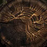 a cut tree stump with glowing gold branching lines traced across its rings