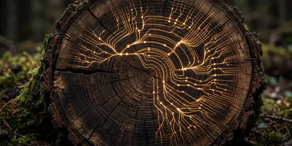 a cut tree stump with glowing gold branching lines traced across its rings