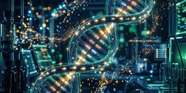 Glowing DNA double helix spiralling above lab apparatus