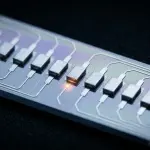 A close view along a silicon chip showing a row of gate electrodes with one active site glowing