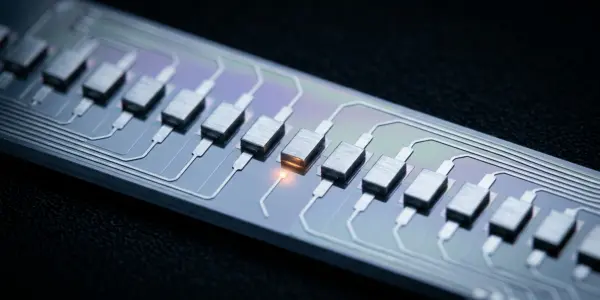 A close view along a silicon chip showing a row of gate electrodes with one active site glowing