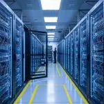 Data-centre aisle with racks and worker