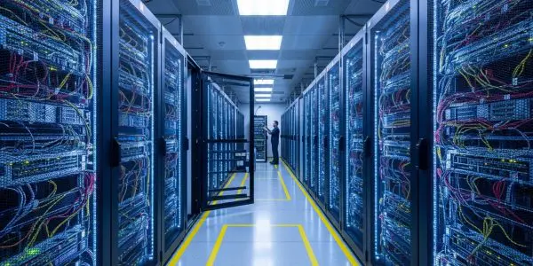 Data-centre aisle with racks and worker