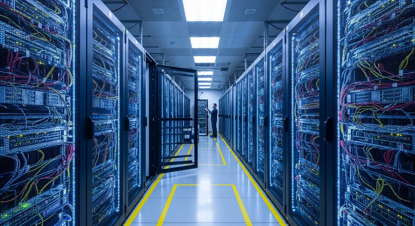 Data-centre aisle with racks and worker