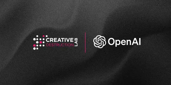 The graphic showcases the Creative Destruction logo alongside the OpenAl logo on a dark, textured background.