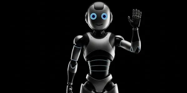 Waving humanoid robot, blue-lit eyes