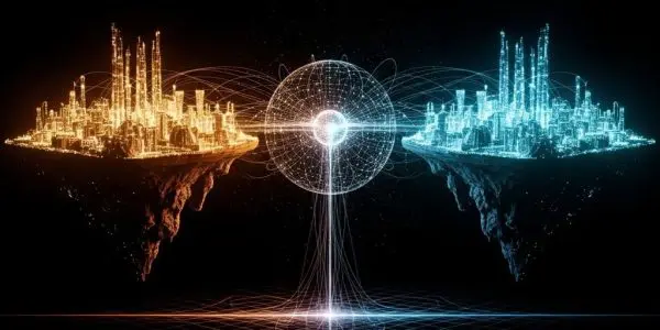 Two opposing strategic energy landscapes facing each other, neural network core between them calculating optimal equilibrium point