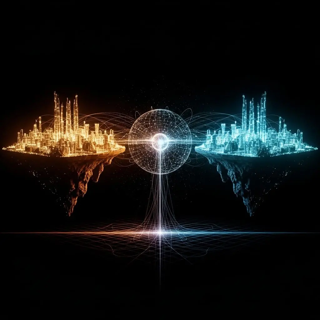 Two opposing strategic energy landscapes facing each other, neural network core between them calculating optimal equilibrium point