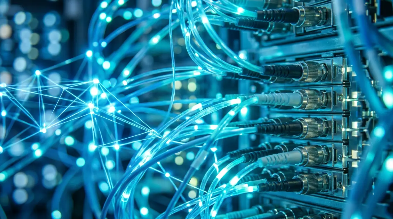 Blue fibre optic patch cables plugged into a rack panel with a web of light points