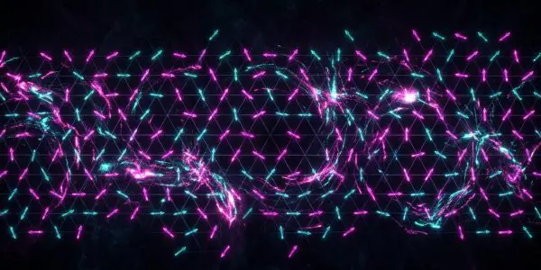 A lattice of magenta and cyan arrows pointing in conflicting directions with no settled pattern