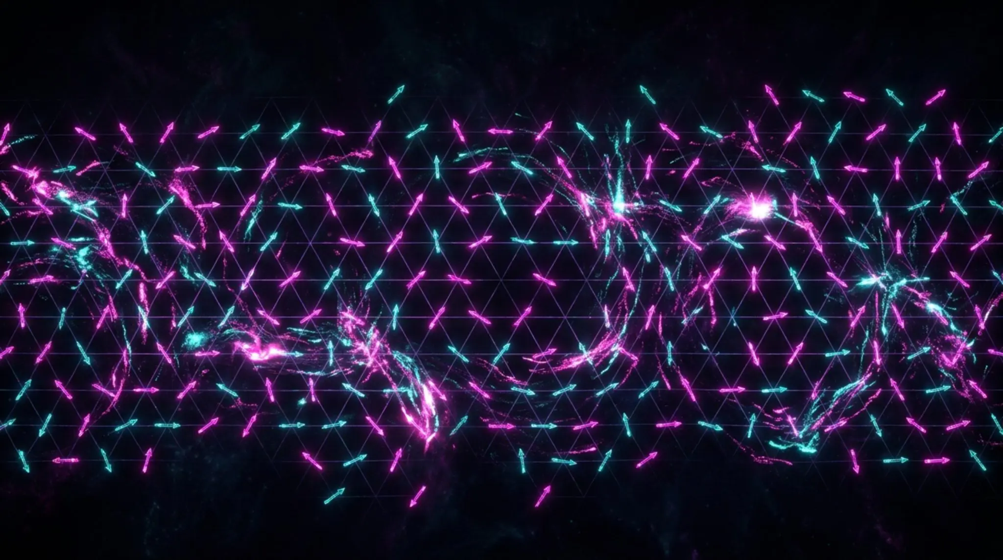 A lattice of magenta and cyan arrows pointing in conflicting directions with no settled pattern