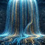 A waterfall of glowing blue and gold binary digits pours onto a dark circuit board lined with chips and gold traces