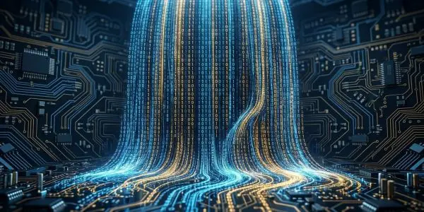 A waterfall of glowing blue and gold binary digits pours onto a dark circuit board lined with chips and gold traces