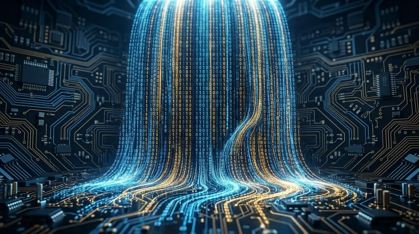 A waterfall of glowing blue and gold binary digits pours onto a dark circuit board lined with chips and gold traces