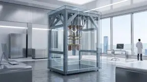 A quantum computer in a glass case in a modern office