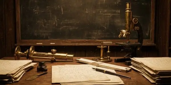 A 1930s physicist's desk with brass instruments and handwritten papers