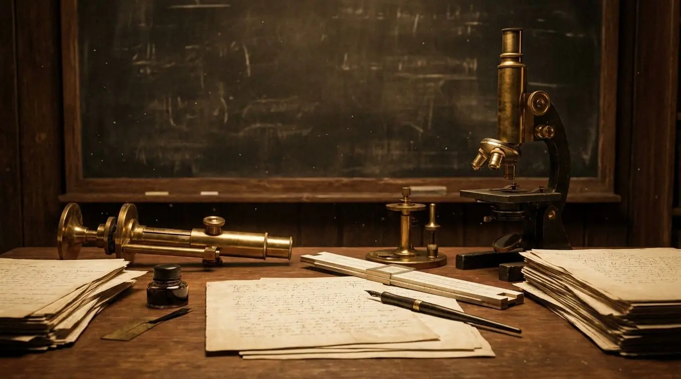A 1930s physicist's desk with brass instruments and handwritten papers