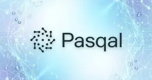 The word “Pasqal” is prominently displayed against a blue background filled with circuit board patterns and glowing bubbles.