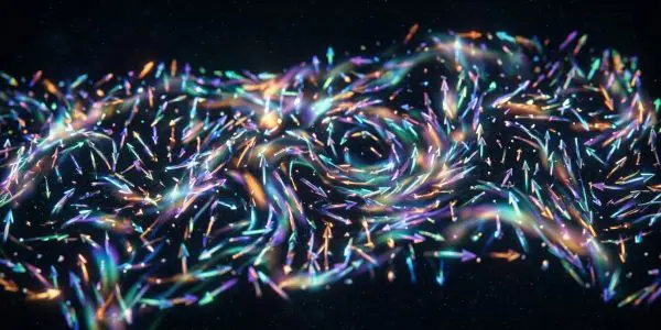 Iridescent arrows churning without settling