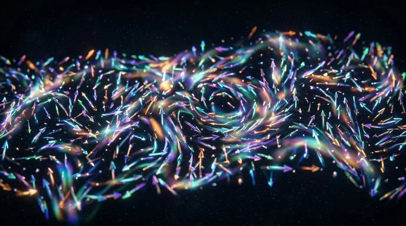 Iridescent arrows churning without settling
