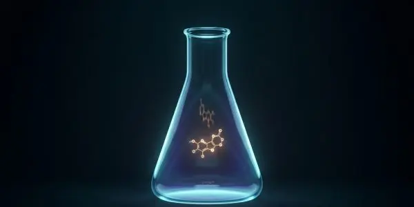Laboratory flask holding a glowing molecule