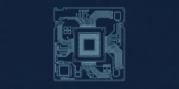 A blueprint-style schematic of a central processor chip with surrounding circuit traces on navy.