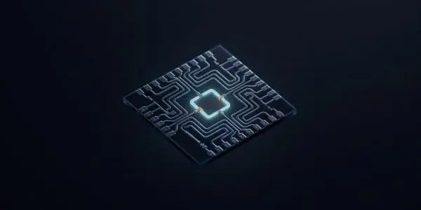 Qubit chip glowing in darkness