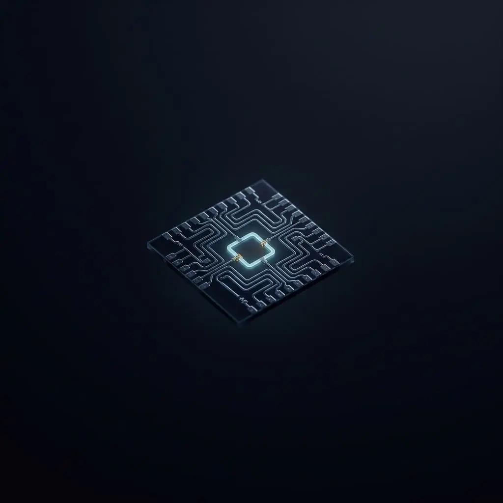 Qubit chip glowing in darkness