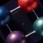 A molecular model constructed from colourful spheres and connecting rods floats in a dark, speckled space.