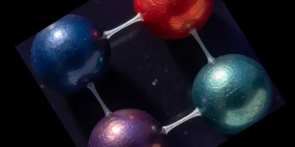 A molecular model constructed from colourful spheres and connecting rods floats in a dark, speckled space.