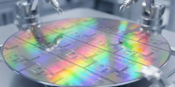 Rainbow-sheened patterned silicon wafer on a stage with robotic grippers above it