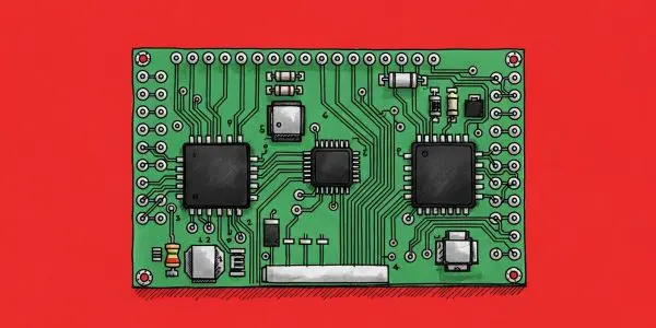 Green circuit board with labelled chips