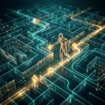 Glowing human figure walking pathways through an information lattice