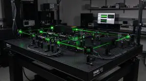 A complex optical setup is displayed on a dark table in a laboratory setting, dominated by green laser beams.