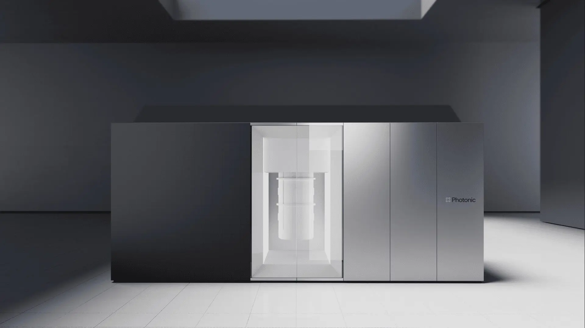 A sleek, modern 3D printer stands on a polished floor in a minimalist, dark room with grey walls.