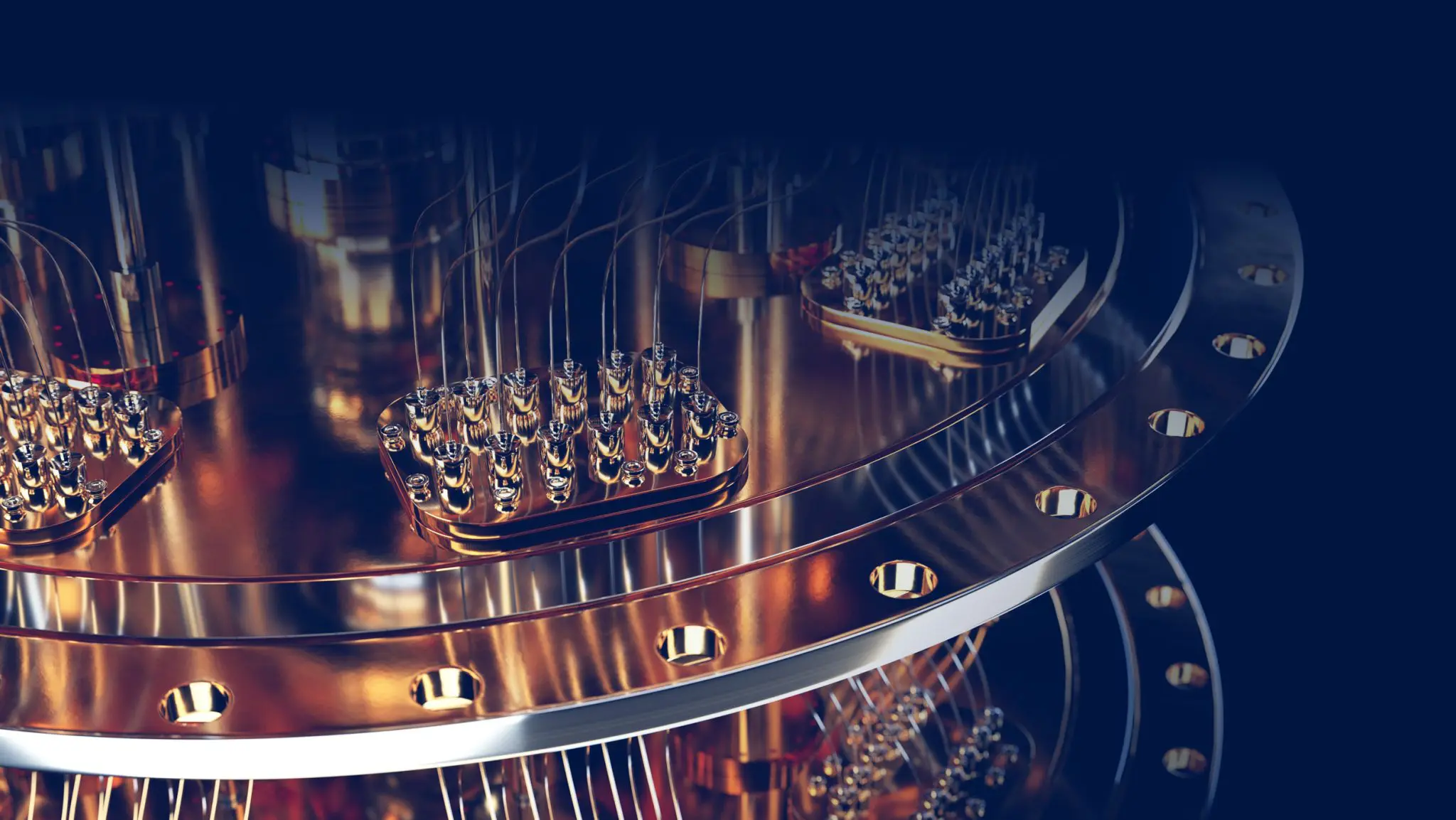 Close-up of a quantum computer’s metallic components with connectors and wires against a dark background