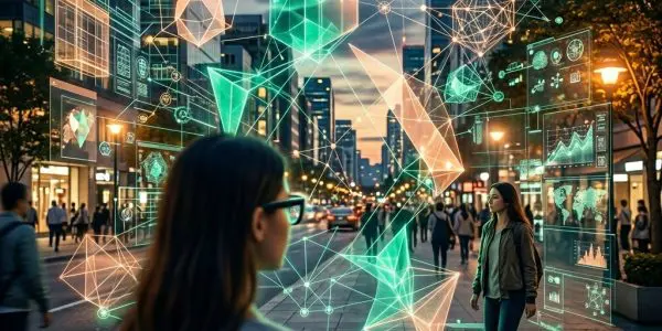 Holographic icons floating over a real-world view