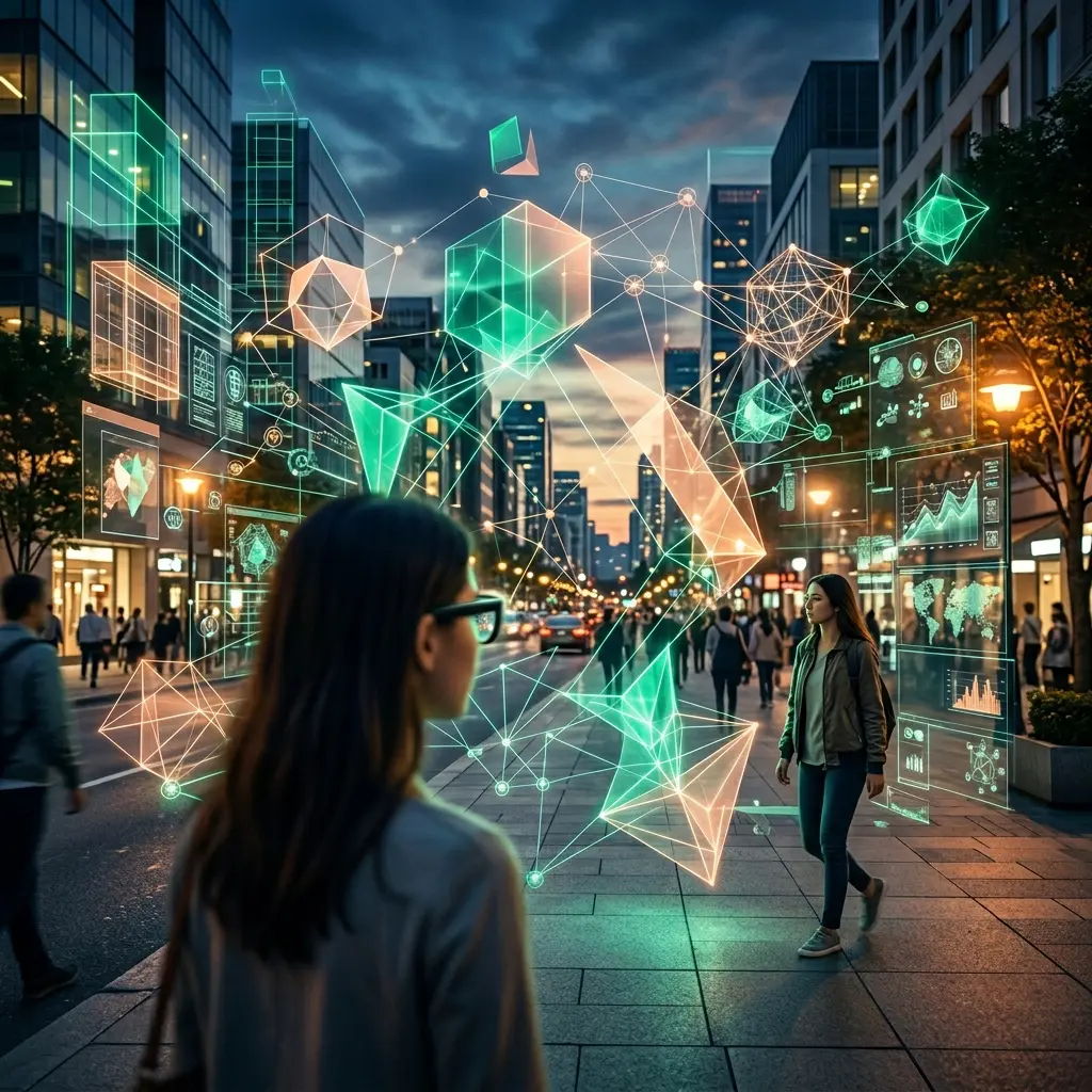 Holographic icons floating over a real-world view