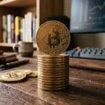 A stack of bitcoin on a desk
